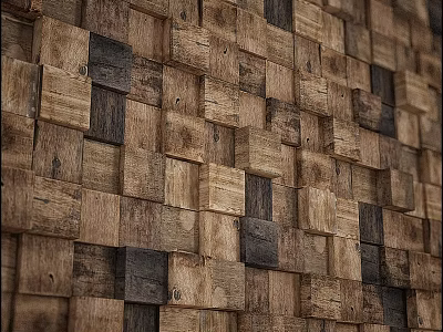 Natural Rustic Wooden Decorative Wall With Mixed Wood Blocks For Home Interior 3d model