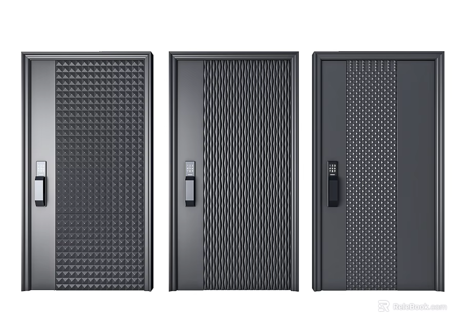 Three Modern Security Doors with Textured Patterns Door Handles and Locks 3d model 