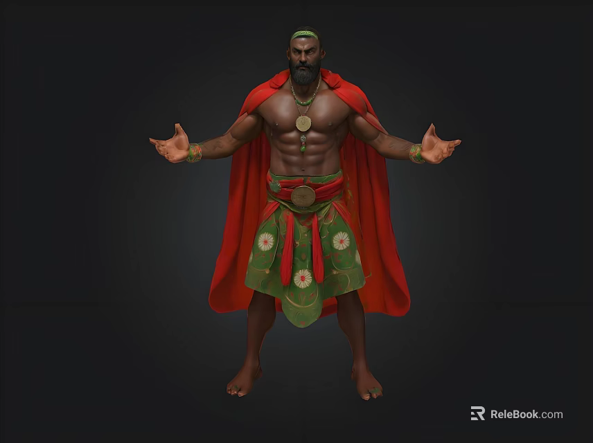Male Figure With Red Cape Green Skirt Bare Chest Necklace And Open Arms Stance 3d model 