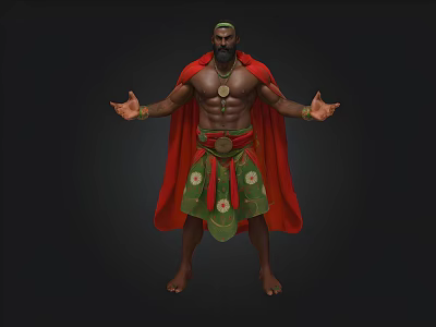 Male Figure With Red Cape Green Skirt Bare Chest Necklace And Open Arms Stance 3d model