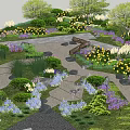 Courtyard Garden Design With Stone Path White Bench Lush Shrubs Flowering Trees And Colorful Blooms