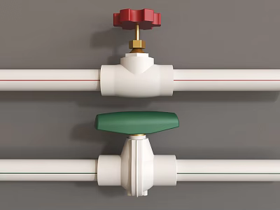 White Plumbing Valves With Red And Green Handles On Gray Background 3d model