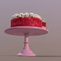 Red Velvet Cake With White Cream Topping On Pink Cake Stand And Sliced Piece