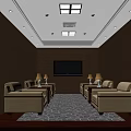 Office Reception Area With Beige Sofas Coffee Tables TV And Patterned Rug