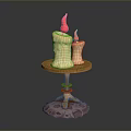 Burning Candles With Flames On Wooden Table And Purple Stone Base