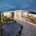 Outdoor Garden With Dining Umbrella Stone Paths Vines On Wall And Purple Flowers