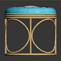 Blue Cushioned Rattan Stool With Round Frame And Curved Legs Design