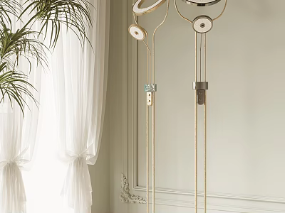 Elegant Floor Lamp With Golden Stand Circular Design In Room With White Curtains Green Plant 3d model