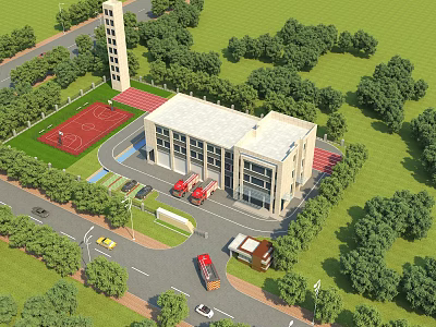 Aerial Planning of Fire Station with Fire Trucks Basketball Court Road and Greenery 3d model