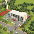 Aerial Planning of Fire Station with Fire Trucks Basketball Court Road and Greenery