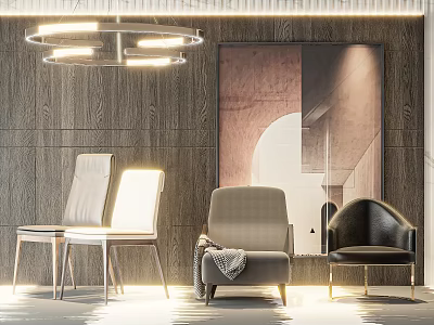 Modern Leisure Chair Interior With Wooden Wall Art And Pendant Lighting 3d model