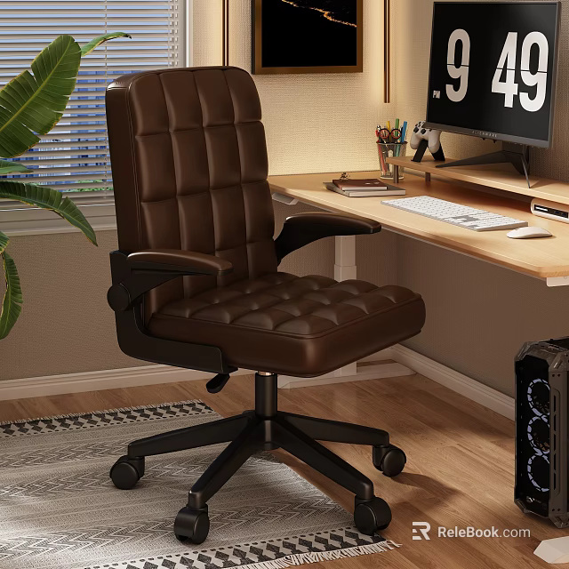 Brown Leather Office Chair with Padded Armrests and Swivel Wheels in Home Office Workspace 3d model 