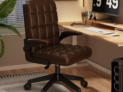 Brown Leather Office Chair with Padded Armrests and Swivel Wheels in Home Office Workspace 3d model