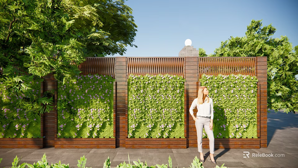 Lush Green Plant Wall In Outdoor Space With Wooden Fence Standing Woman And Blue Sky Trees 3d model 