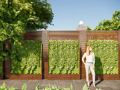 Lush Green Plant Wall In Outdoor Space With Wooden Fence Standing Woman And Blue Sky Trees 3d model