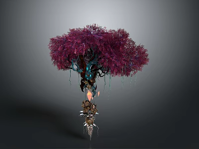 Enchanted Fantasy Tree With Purple Foliage Canopy Blue Glowing Accents And Spiked Root Base 3d model