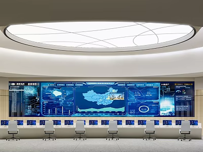 Modern Control Room with Large Display Screens Multiple Monitors and Control Desks 3d model