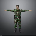 Male In Camouflage Military Uniform Standing With Arms Outstretched On Gray Background
