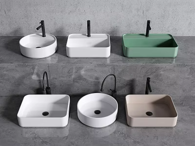 Modern Bathroom Sinks In White Green Beige Colors And Square Round Shapes With Black Faucets 3d model