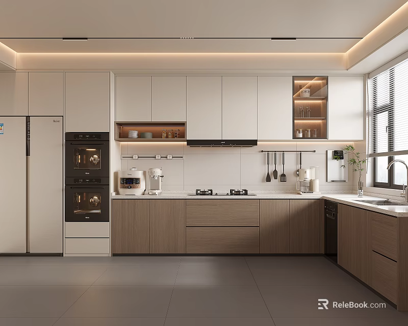 Elegant Modern Kitchen Interior With White Wooden Cabinets Countertop And Appliances 3d model 