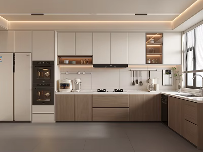 Elegant Modern Kitchen Interior With White Wooden Cabinets Countertop And Appliances 3d model