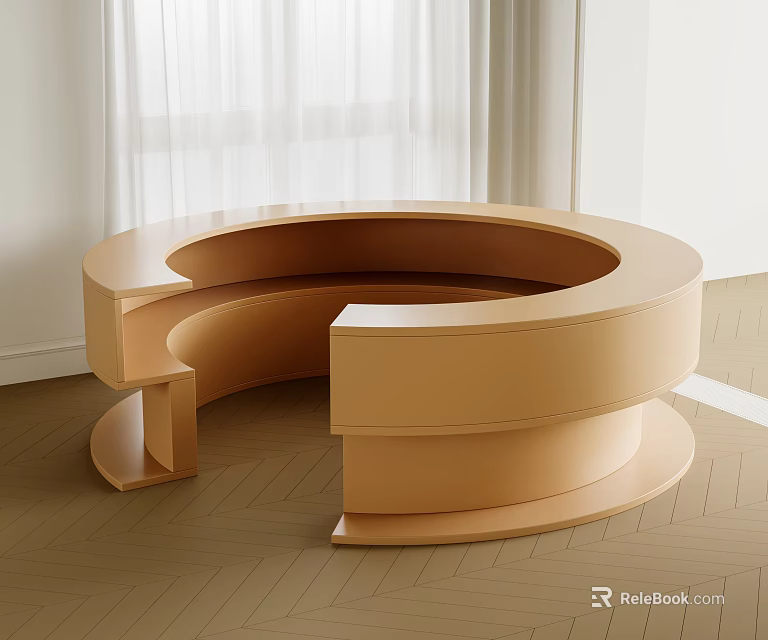 Modern Beige Circular Reception Desk Interior With Curtains And Wooden Floor 3d model 