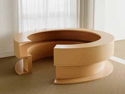 Modern Beige Circular Reception Desk Interior With Curtains And Wooden Floor 3d model