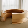 Modern Beige Circular Reception Desk Interior With Curtains And Wooden Floor