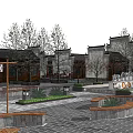 Traditional Ancient Architecture Courtyard With Central Pond And Green Trees