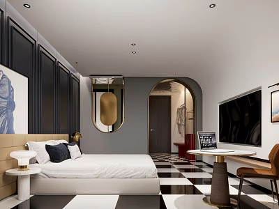 Modern Hotel Room Interior With Bed Black And White Checkerboard Floor TV Desk And Chair 3d model