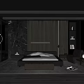 Dark Modern Bedroom Interior With Platform Bed Accent Wall Lighting Chair And Rug