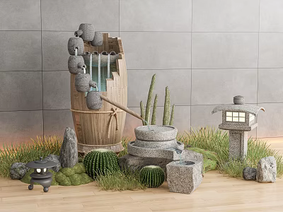 Garden Decorations Featuring Wooden Barrel Water Feature Stones Cacti Small Lantern Grass And Miniature Figurine 3d model