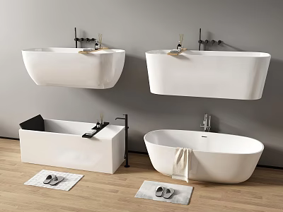 Modern White Wall Mounted And Floor Standing Bathtubs With Faucets Towels And Slippers On Wooden Floor 3d model