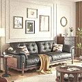 Black Leather Three-Seater Sofa with Wooden Carved Arms Decorative Pillows in Classic Living Room