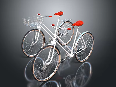 Two White Bicycles With Red Seats Handlebars And Front Basket On Gray Background 3d model