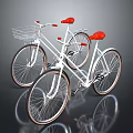 Two White Bicycles With Red Seats Handlebars And Front Basket On Gray Background