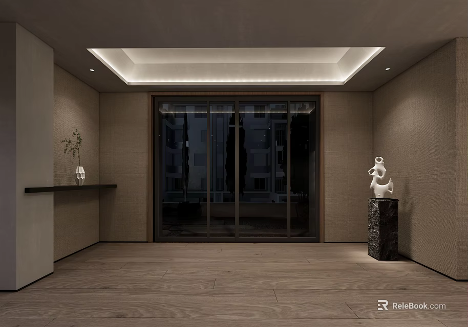 Modern Elevator Hallway With Wooden Flooring Light Colored Walls Recessed Lights And Sculpture Decor 3d model 