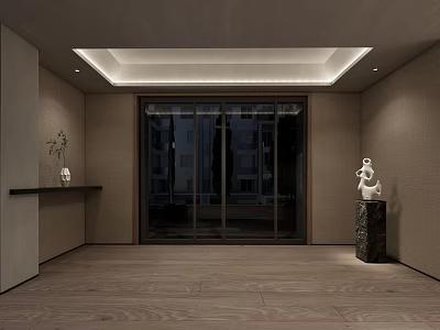 Modern Elevator Hallway With Wooden Flooring Light Colored Walls Recessed Lights And Sculpture Decor 3d model
