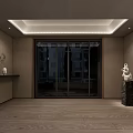 Modern Elevator Hallway With Wooden Flooring Light Colored Walls Recessed Lights And Sculpture Decor