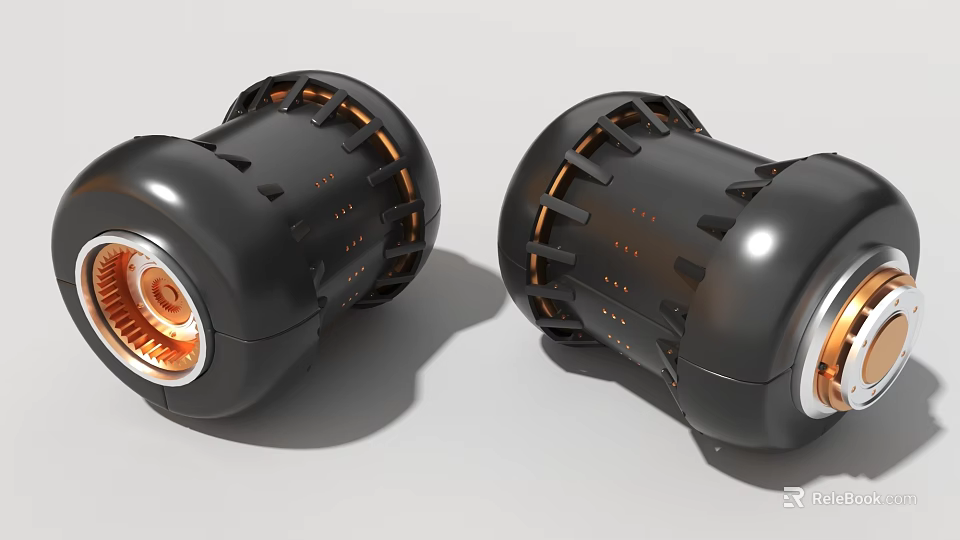 Black Circular Industrial Equipment with Orange Internal Details and Surface Textures 3d model 
