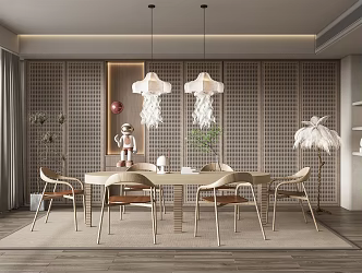 Quiet Restaurant Long Table Dining Table and Chair Chandelier Rattan Cabinet Floor Lamp Green Plant Potted Plant 3d model