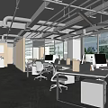 Modern Public Office Space with Open Layout Office Desks Computers Pendant Lights and Large Windows