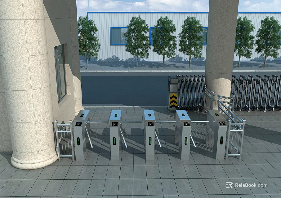 Public Facility Entrance With Turnstile Gates White Pillars And Green Trees 3d model 