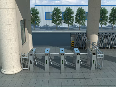 Public Facility Entrance With Turnstile Gates White Pillars And Green Trees 3d model
