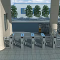 Public Facility Entrance With Turnstile Gates White Pillars And Green Trees