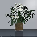White Daisies and Roses in Woven Glass Vase with Green Leaves on Gray Surface