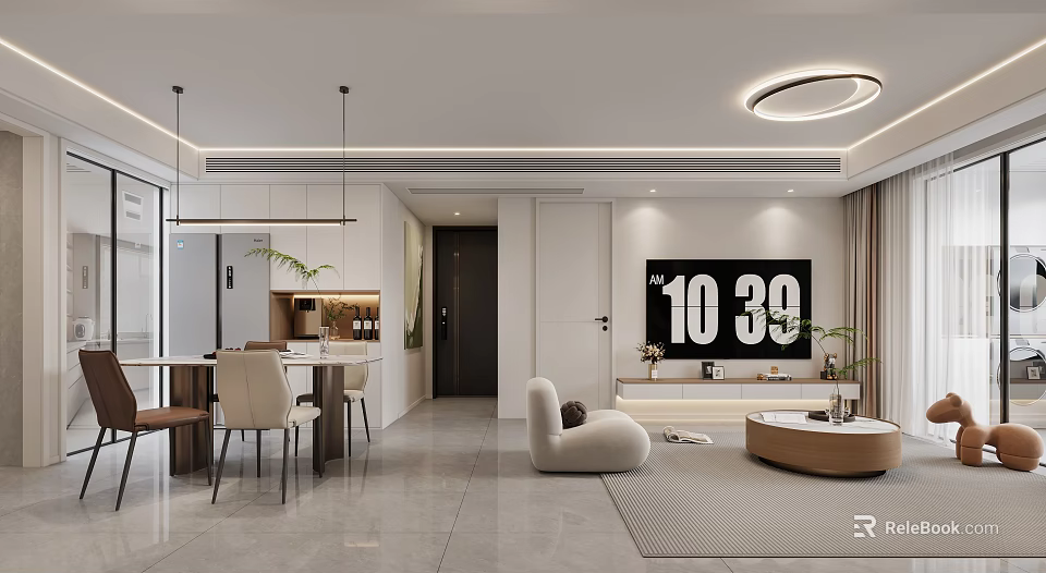 Modern Living and Dining Room Interior Design With Sofa Dining Table Wall TV Ceiling Light 3d model