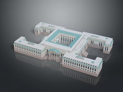 Scenic View of Classical White Building Featuring Green Roof Dome Columns and Water Reflection 3d model