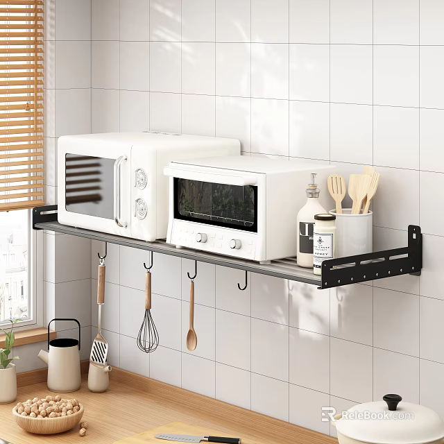 Black Metal Kitchen Shelf With Microwaves Spices Wooden Utensils And Hanging Hooks 3d model 