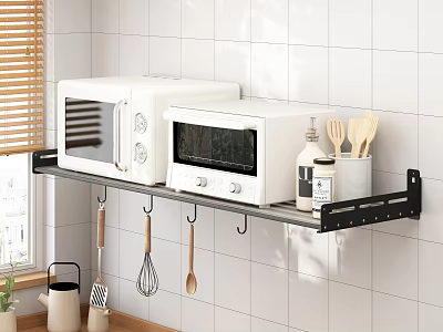 Black Metal Kitchen Shelf With Microwaves Spices Wooden Utensils And Hanging Hooks 3d model